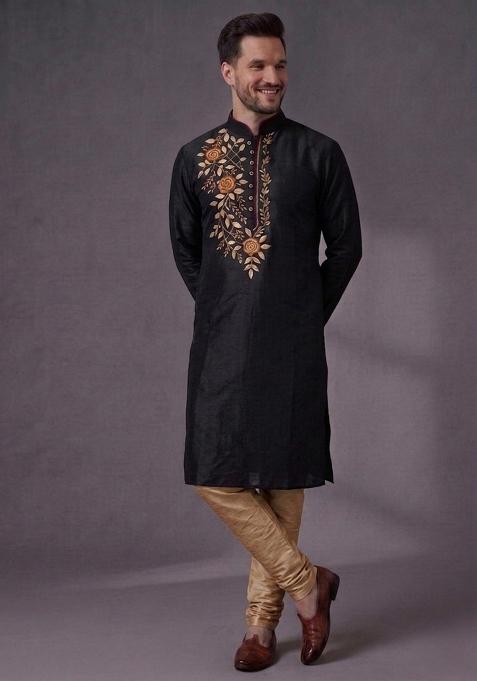 Black Embroidered Dupion Pyjama Set For Men