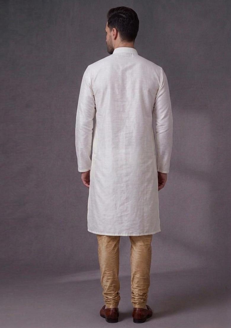 White Embroidered Dupion Pyjama Set For Men - Indya