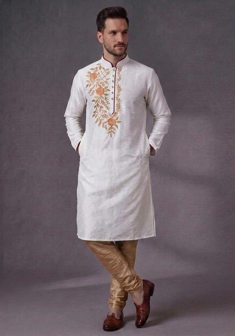 White Embroidered Dupion Pyjama Set For Men