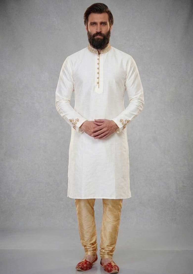 White Embroidered Dupion Pyjama Set For Men - Indya