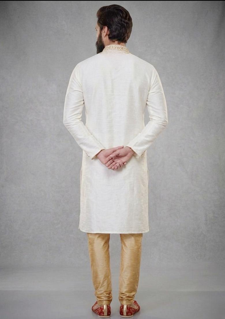 White Embroidered Dupion Pyjama Set For Men - Indya