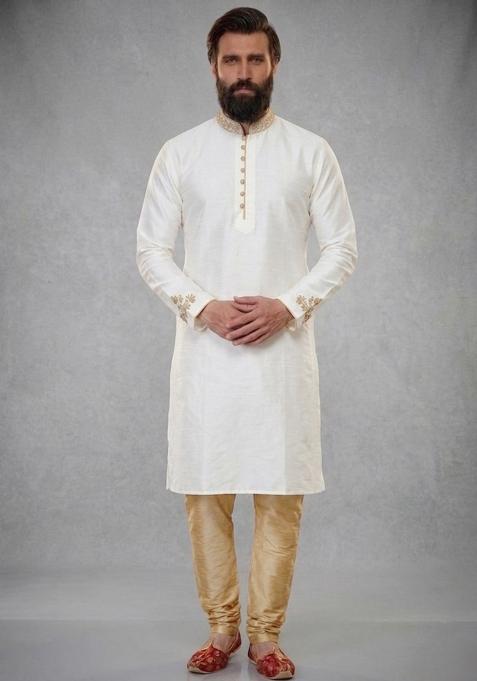 White Embroidered Dupion Pyjama Set For Men