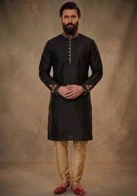 Black Embroidered Dupion Pyjama Set For Men