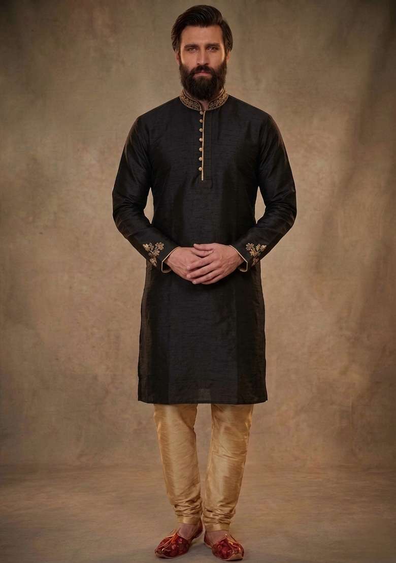 Black Embroidered Dupion Pyjama Set For Men - Indya