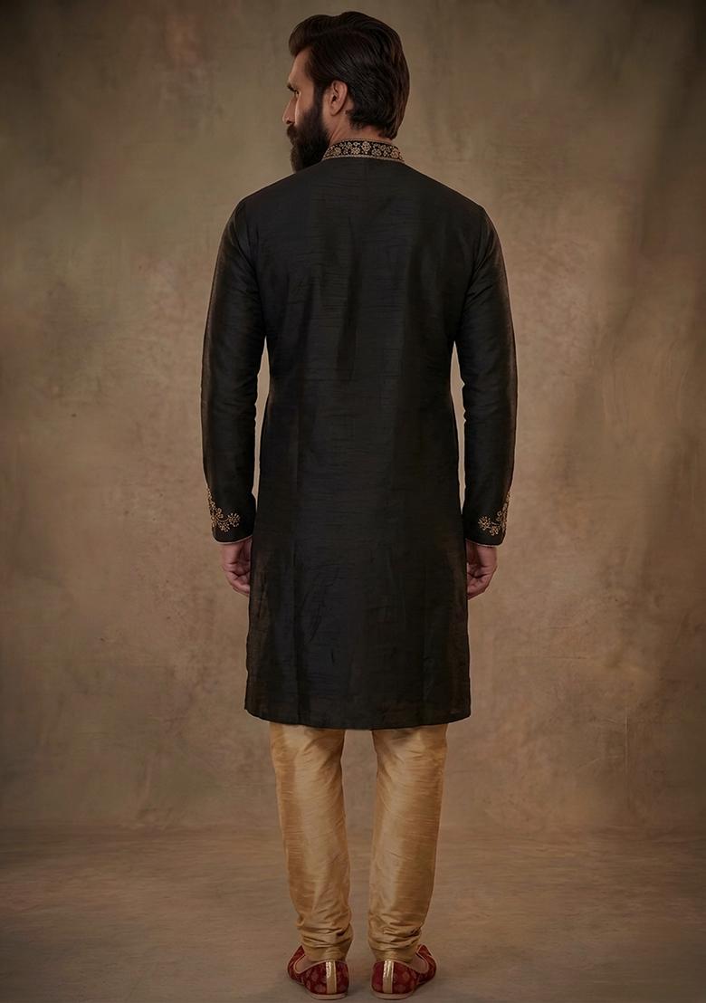 Black Embroidered Dupion Pyjama Set For Men - Indya