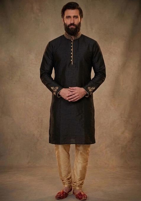 Black Embroidered Dupion Pyjama Set For Men
