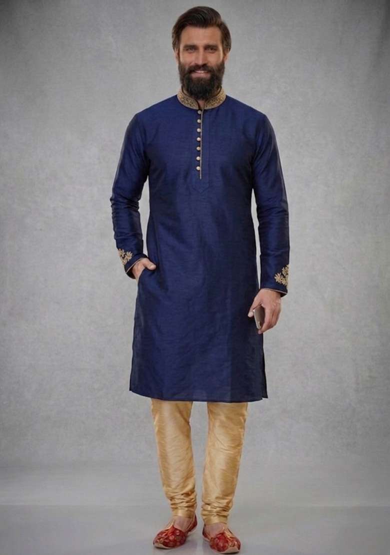 Blue Embroidered Dupion Pyjama Set For Men - Indya