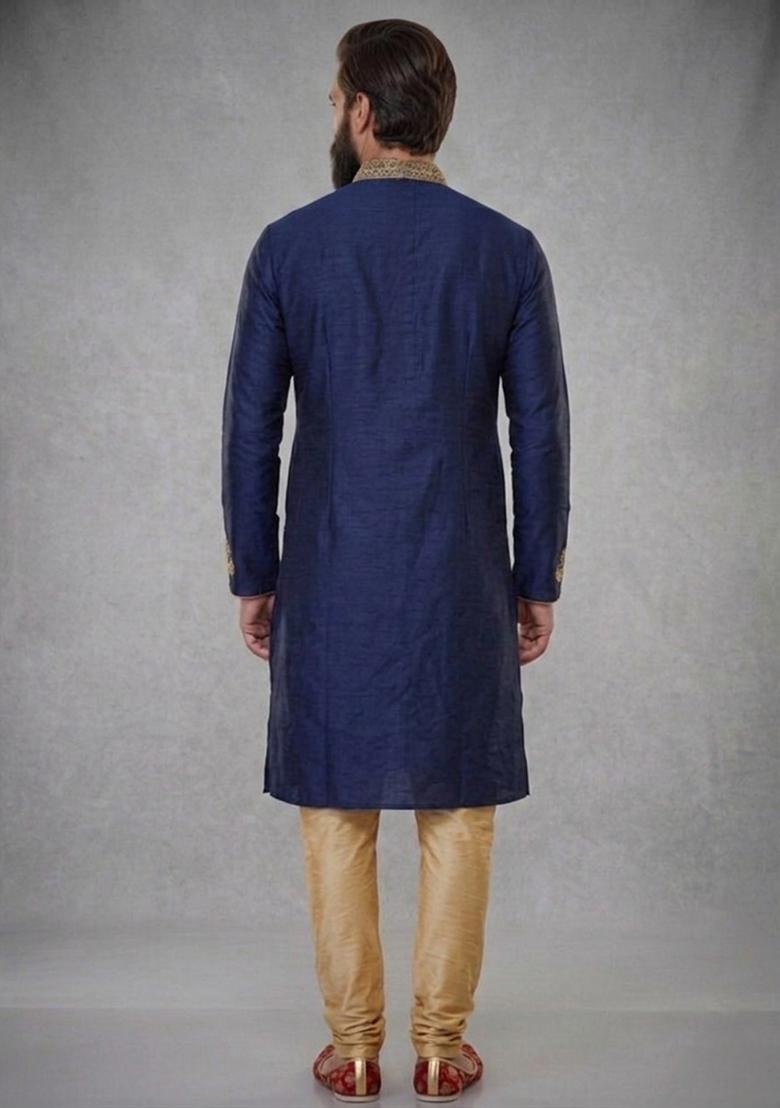 Blue Embroidered Dupion Pyjama Set For Men - Indya