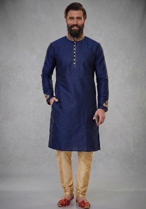 Blue Embroidered Dupion Pyjama Set For Men