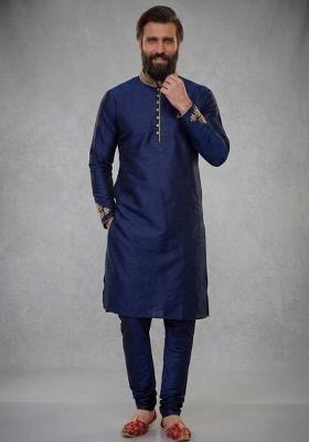 Blue Embroidered Dupion Pyjama Set For Men