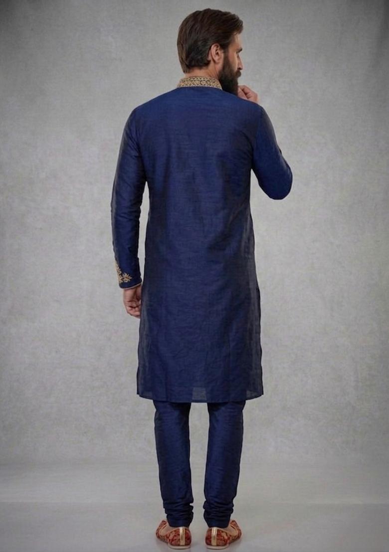 Blue Embroidered Dupion Pyjama Set For Men - Indya