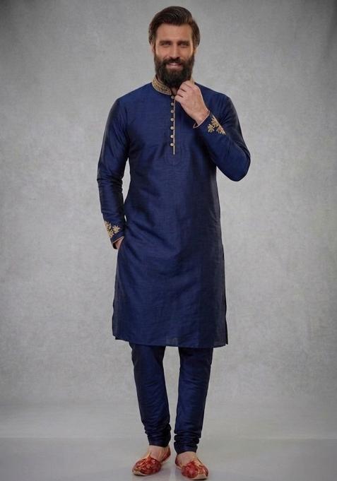 Blue Embroidered Dupion Pyjama Set For Men