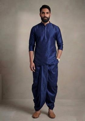 Blue Plain Dupion Dhoti Set For Men