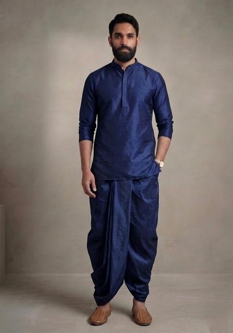 Blue Plain Dupion Dhoti Set For Men