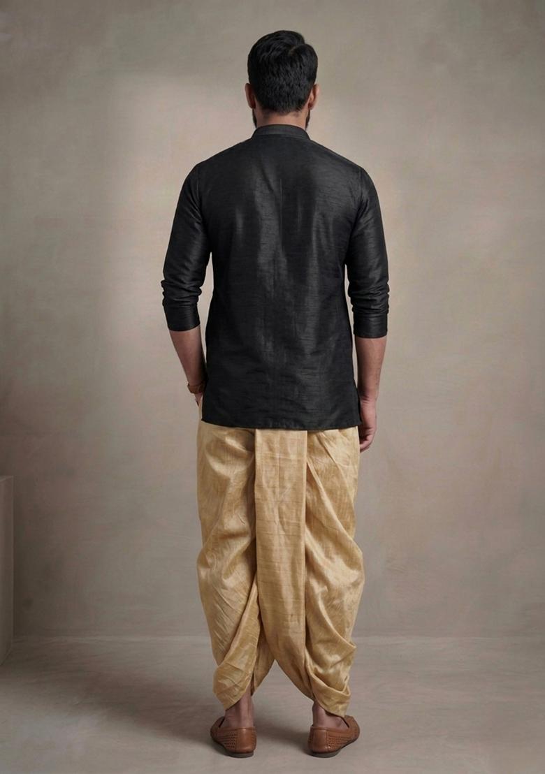Black Plain Dupion Dhoti Set For Men - Indya
