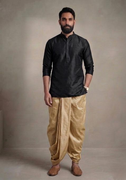 Black Plain Dupion Dhoti Set For Men