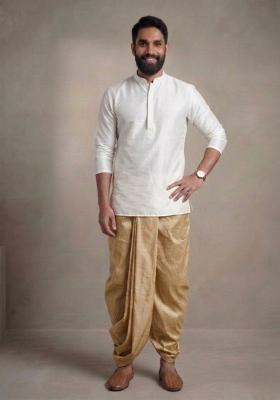 White Plain Dupion Dhoti Set For Men