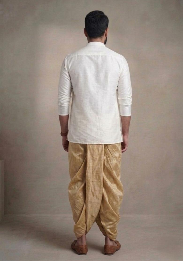 White Plain Dupion Dhoti Set For Men - Indya