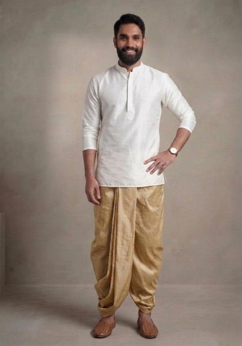 White Plain Dupion Dhoti Set For Men