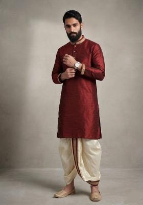 Maroon Plain Dupion Dhoti Set For Men