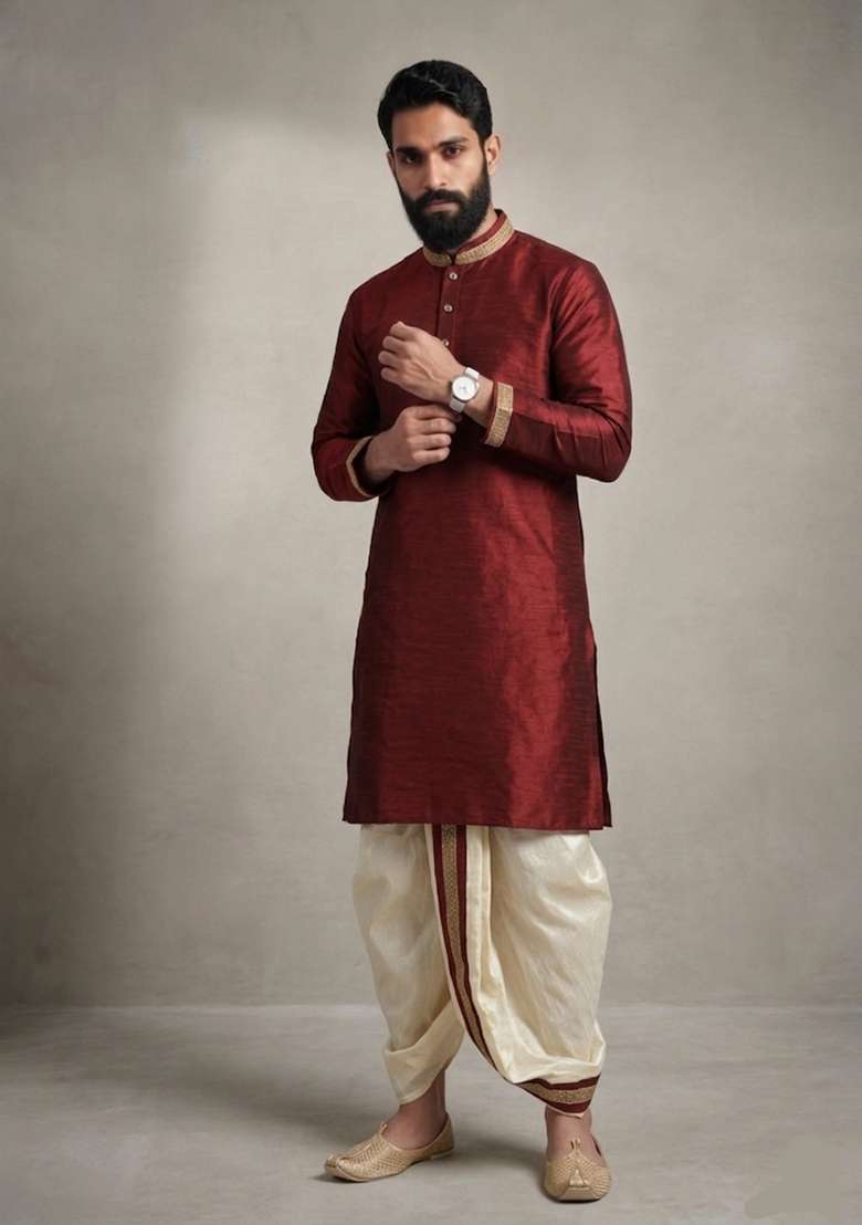 Maroon Plain Dupion Dhoti Set For Men - Indya