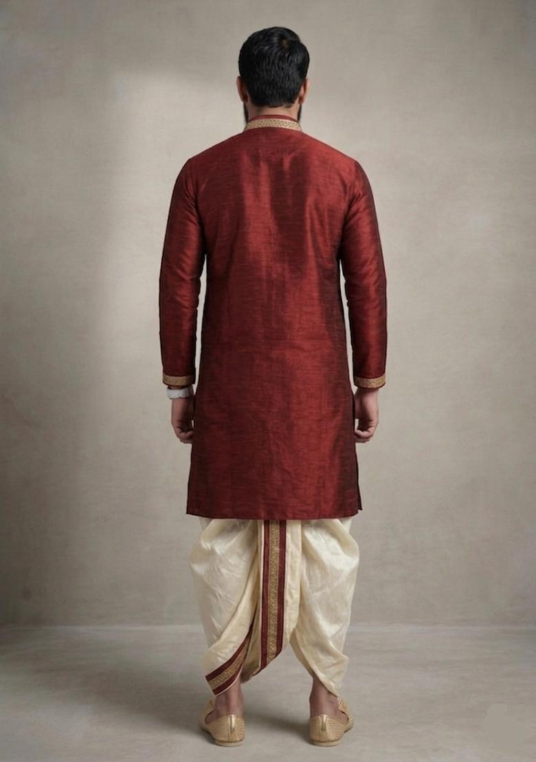 Maroon Plain Dupion Dhoti Set For Men - Indya
