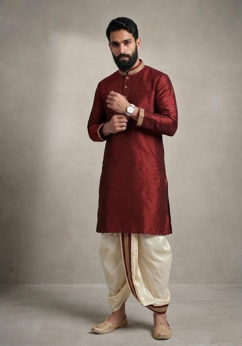 Maroon Plain Dupion Dhoti Set For Men