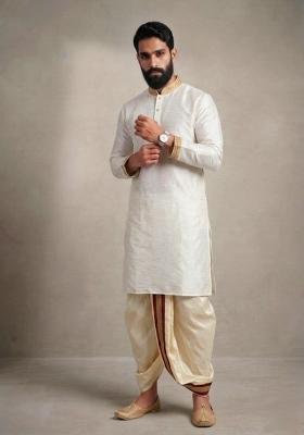 White Plain Dupion Dhoti Set For Men