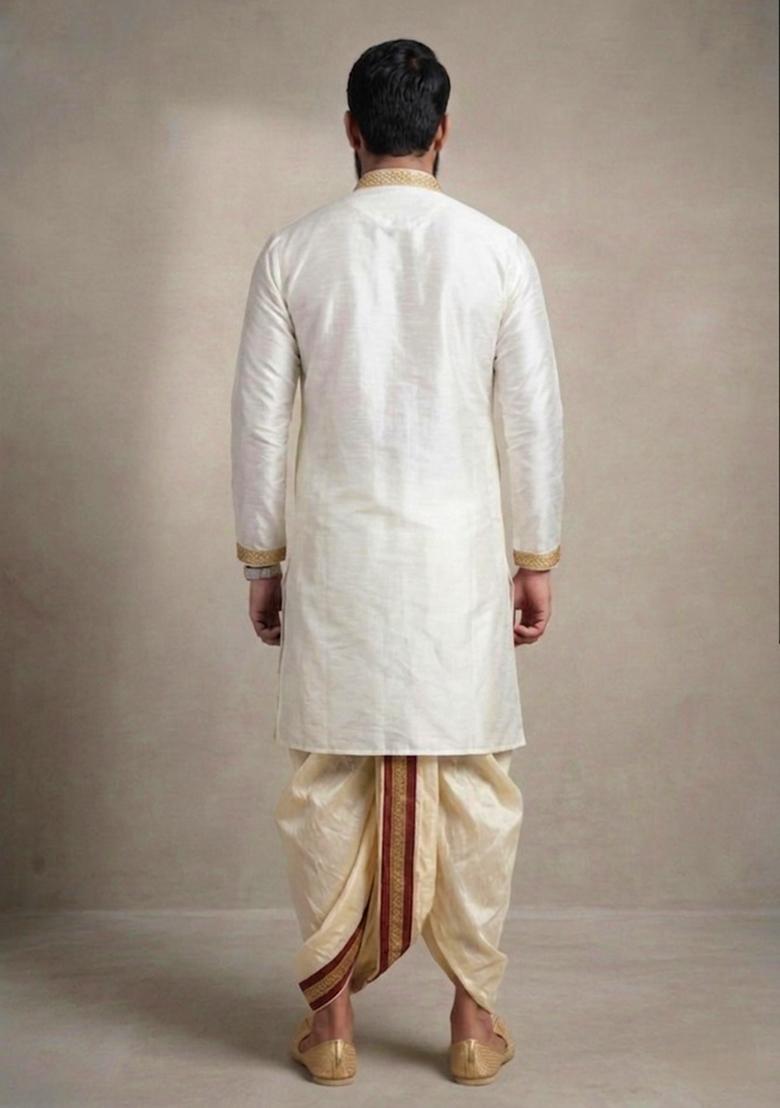 White Plain Dupion Dhoti Set For Men - Indya