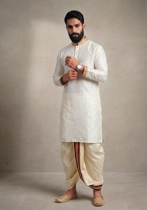 White Plain Dupion Dhoti Set For Men