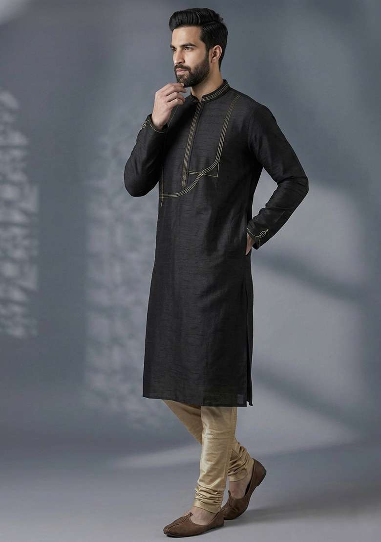 Black Embroidered Dupion Pyjama Set For Men - Indya