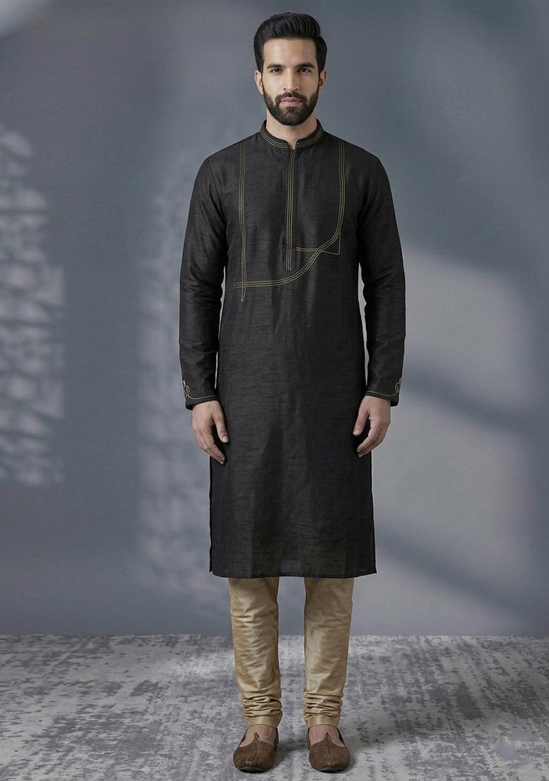 Black Embroidered Dupion Pyjama Set For Men - Indya