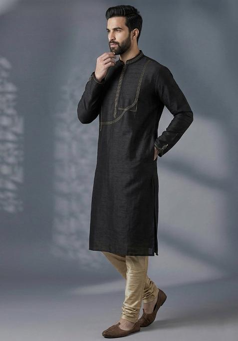 Black Embroidered Dupion Pyjama Set For Men