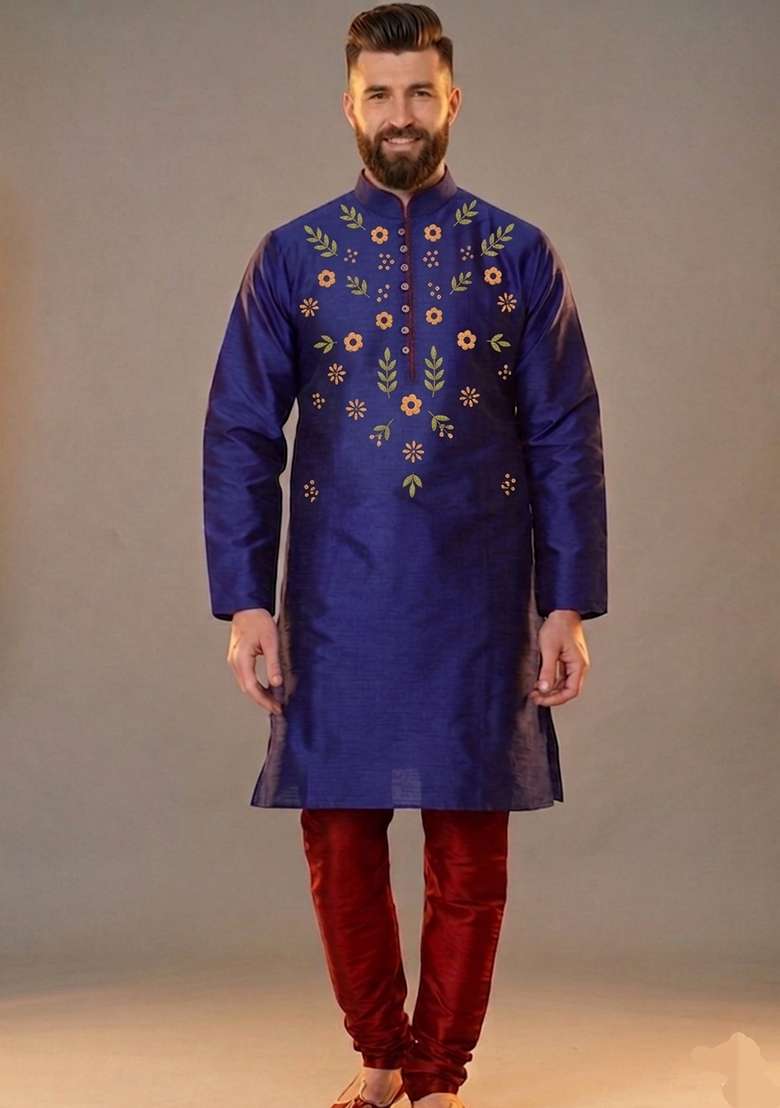 Blue Embroidered Dupion Pyjama Set For Men - Indya