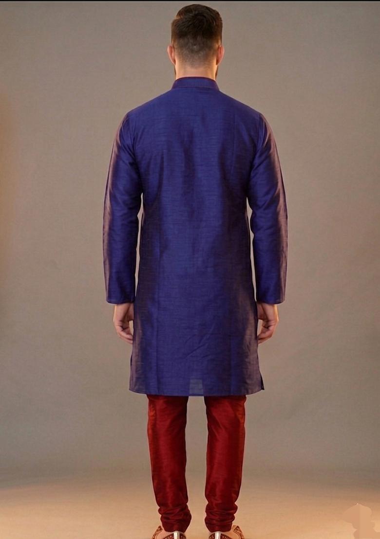 Blue Embroidered Dupion Pyjama Set For Men - Indya