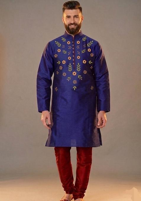 Blue Embroidered Dupion Pyjama Set For Men