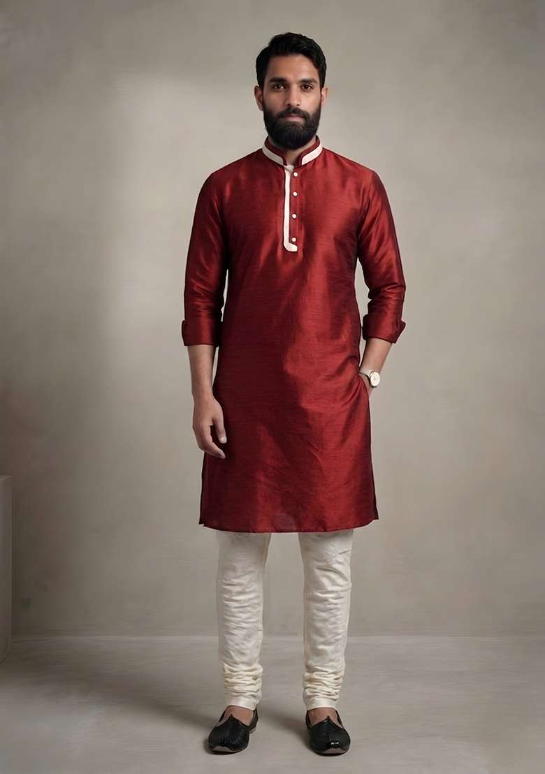 Maroon Plain Dupion Pyjama Set For Men - Indya