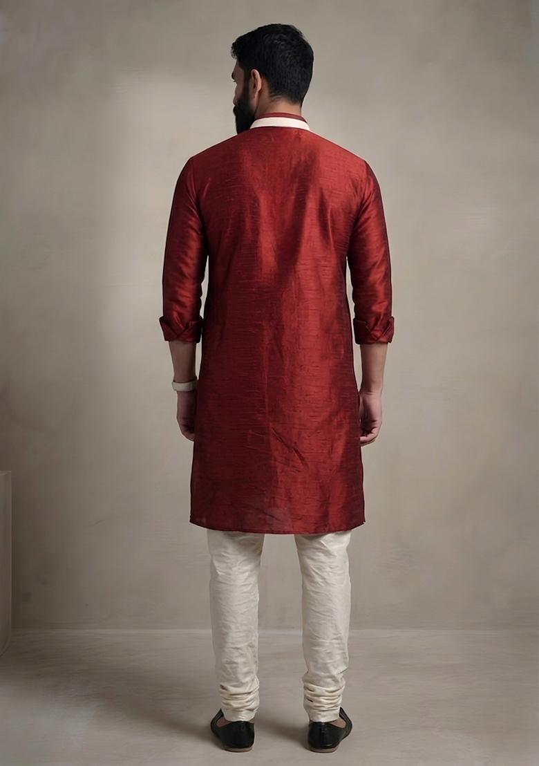 Maroon Plain Dupion Pyjama Set For Men - Indya