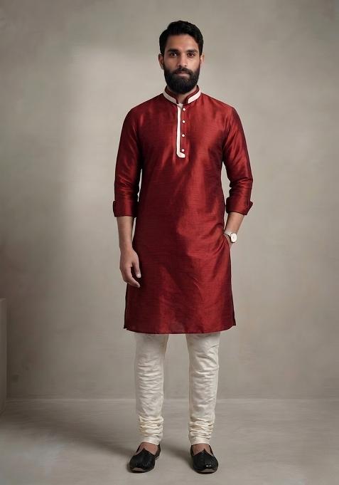 Maroon Plain Dupion Pyjama Set For Men