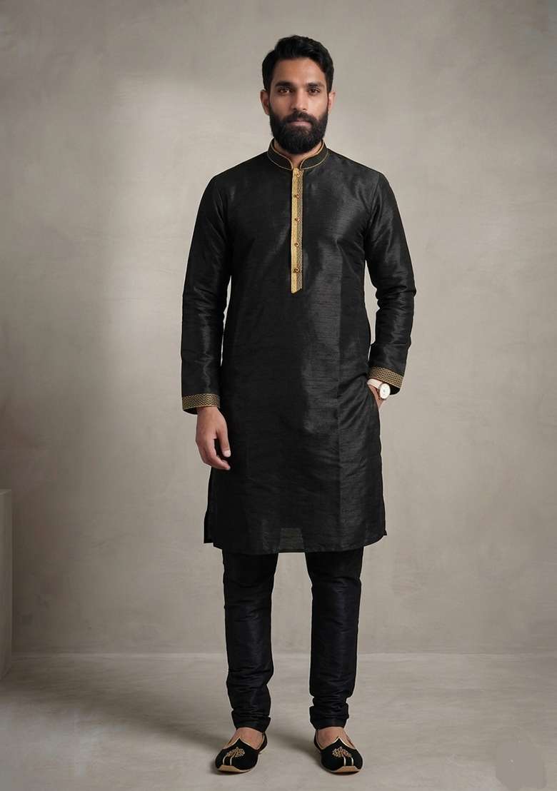 Black Plain Dupion Pyjama Set For Men - Indya