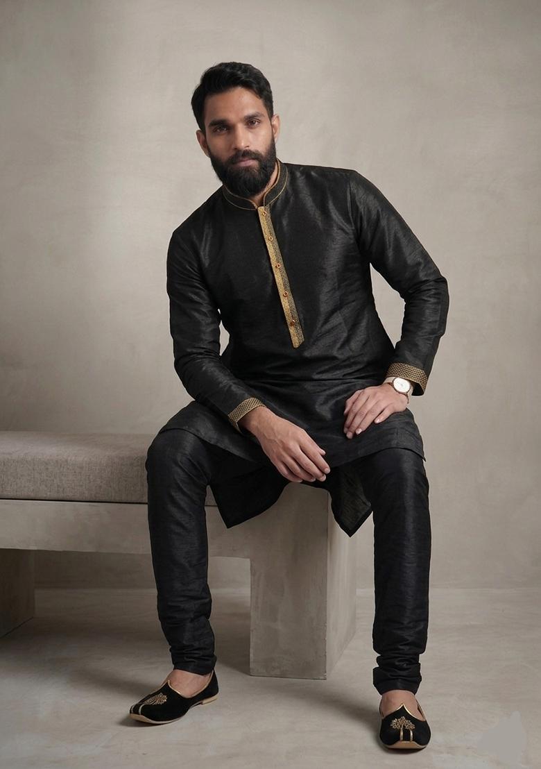Black Plain Dupion Pyjama Set For Men - Indya