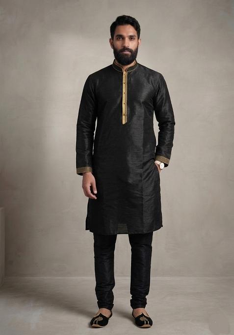 Black Plain Dupion Pyjama Set For Men
