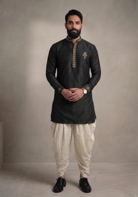 Black Embroidered Dupion Dhoti Set For Men