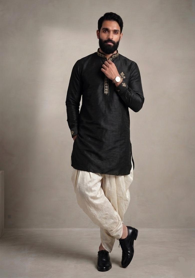Black Embroidered Dupion Dhoti Set For Men - Indya