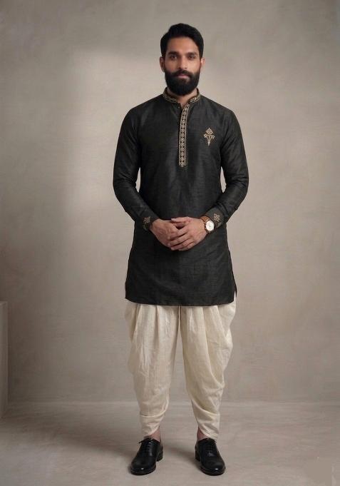 Black Embroidered Dupion Dhoti Set For Men