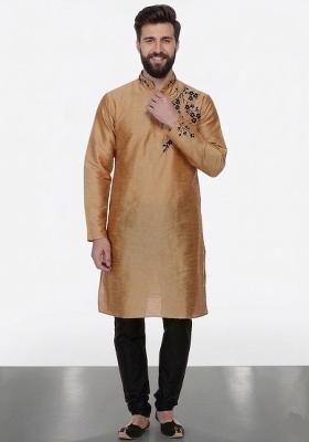 Beige Embroidered Dupion Pyjama Set For Men