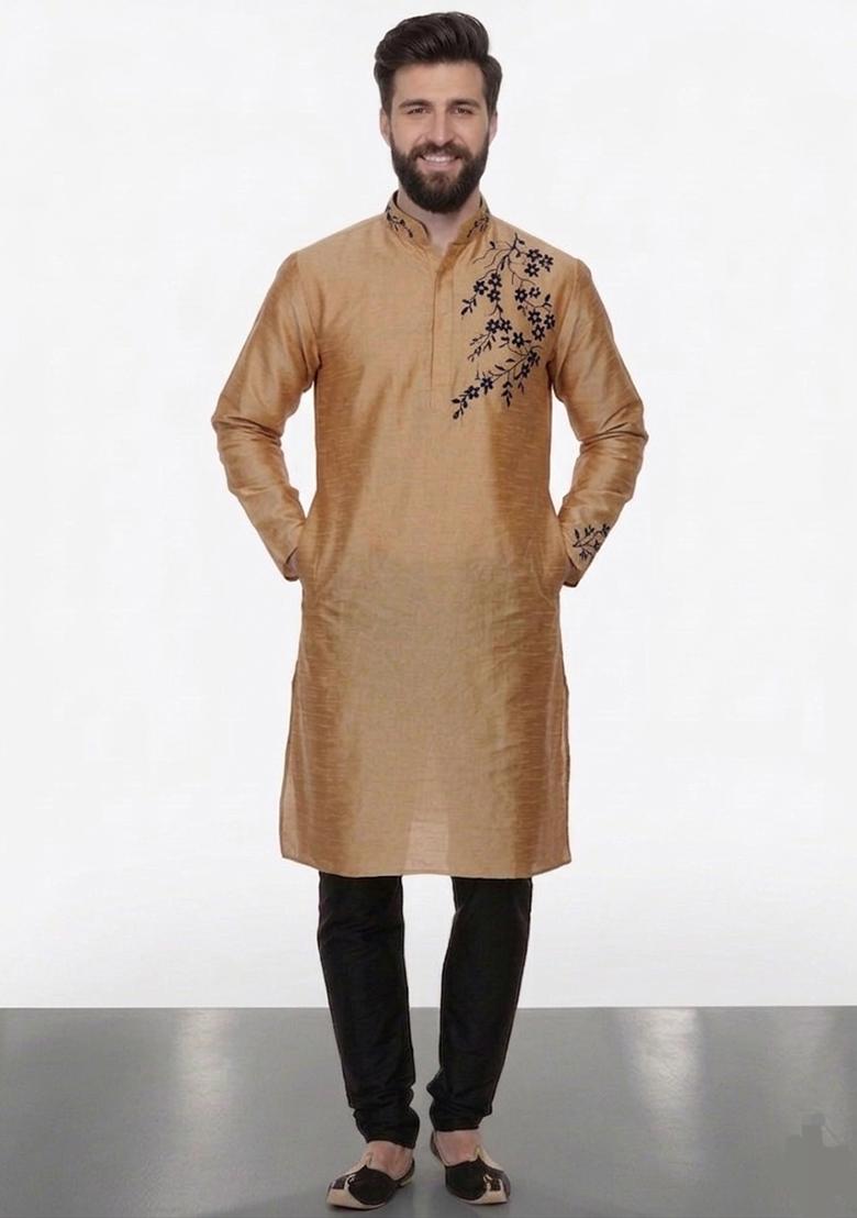 Beige Embroidered Dupion Pyjama Set For Men - Indya