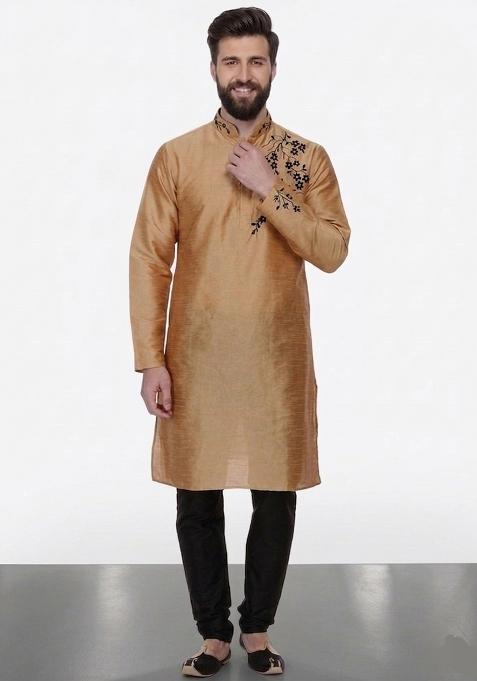 Beige Embroidered Dupion Pyjama Set For Men
