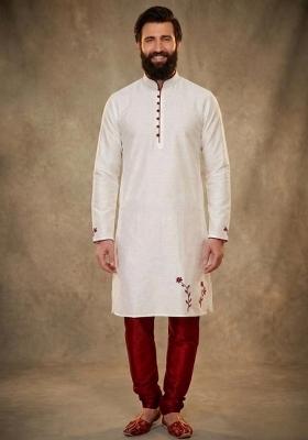 White Embroidered Dupion Pyjama Set For Men