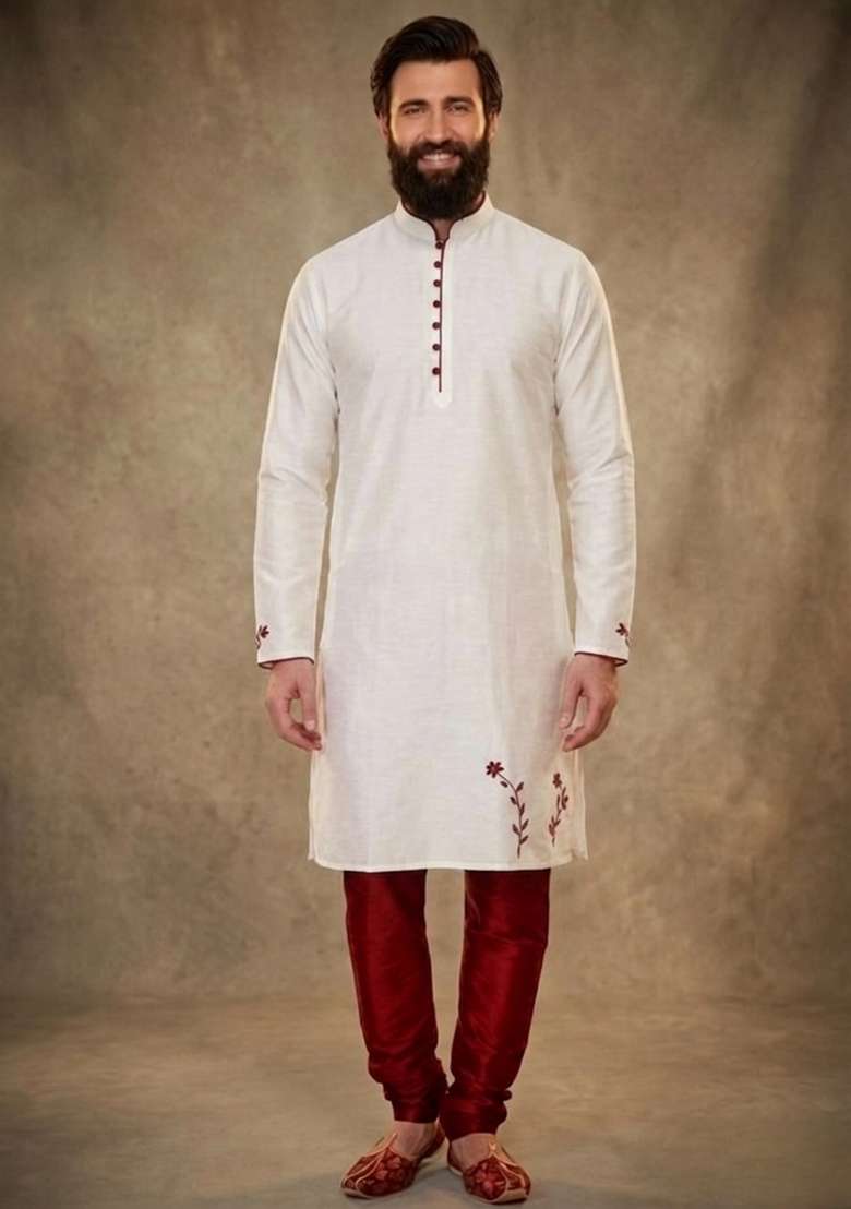 White Embroidered Dupion Pyjama Set For Men - Indya